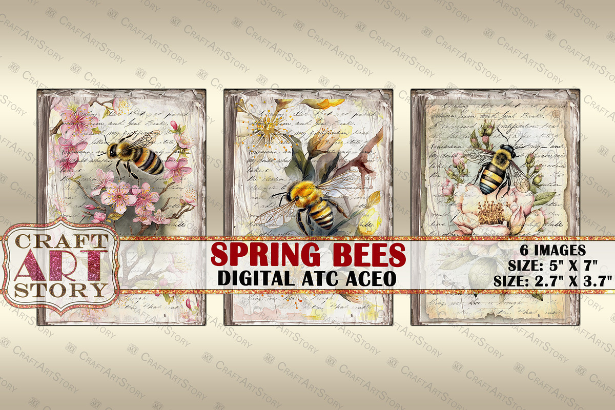Spring bees card set,Collage insects, a Decorative Illustration by CraftArtStory (Photo 2 of 3)