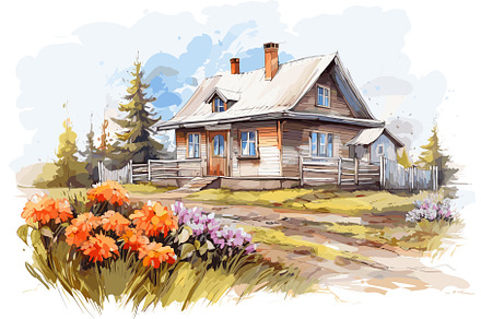 Rural house with flowers. Watercolor, a Graphic by LadadikArt