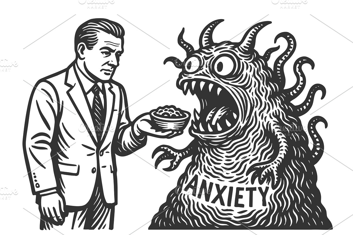 Man Feeding Anxiety Monster, a Person Illustration by AlexArt