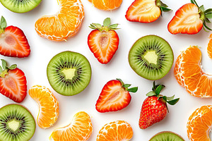 Pattern of different fruits on white background, a Food & Drink Photo by AlyaAnd