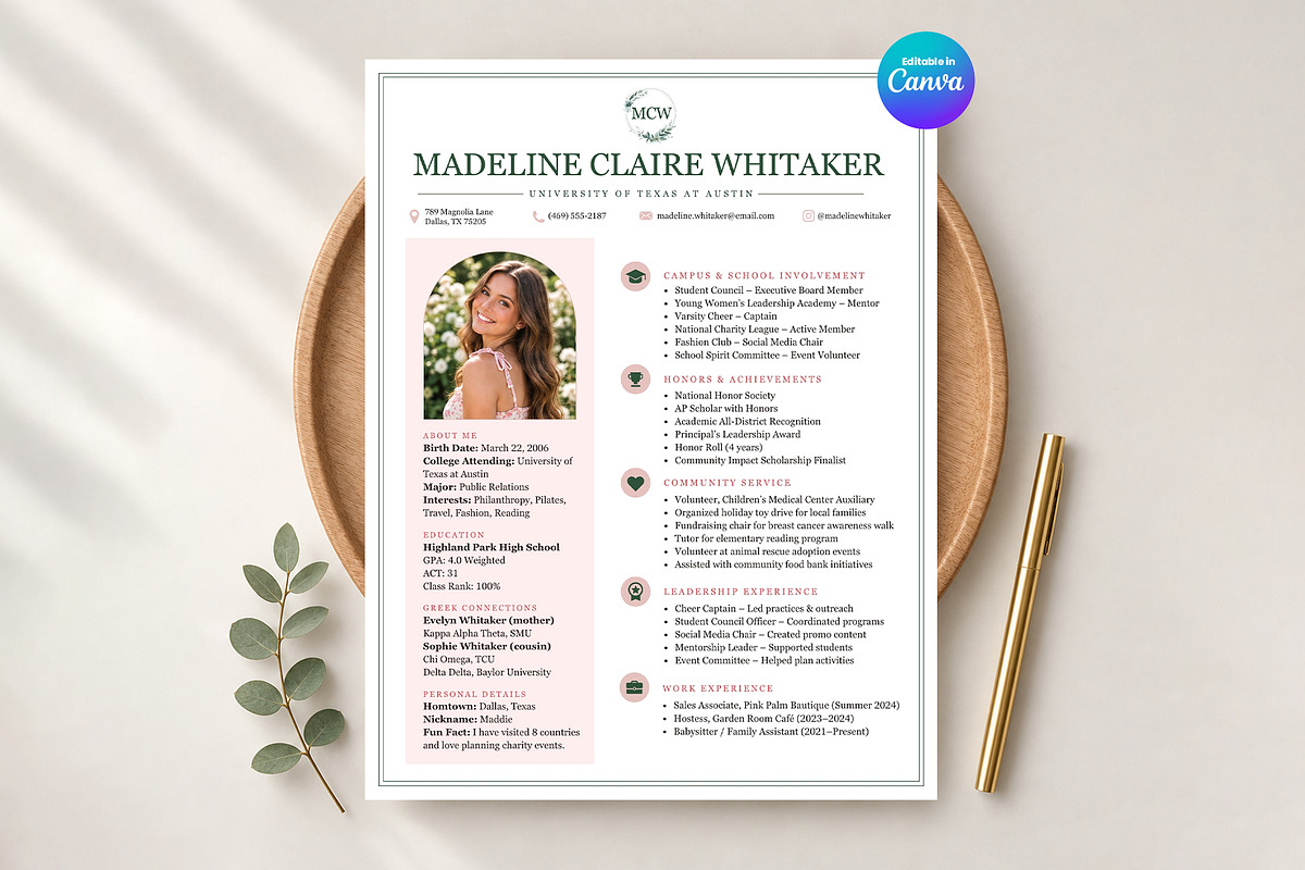 Sorority Rush Resume Canva Template, a Resume Template by Moeen (Photo 1 of 8)