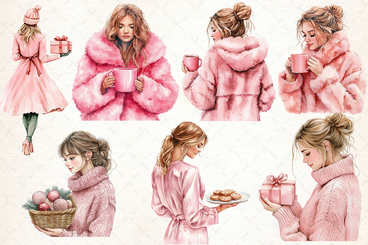 Watercolor Pink Christmas Clipart, an Illustration by Libby Wishes (Photo 2 of 7)