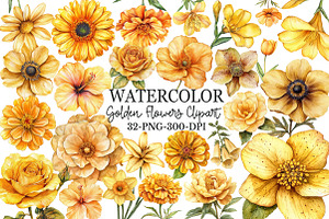 Watercolor Golden Flowers Clipart, an Illustration by Rose Art
