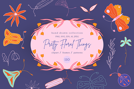 Hand-drawn floral clipart & patterns