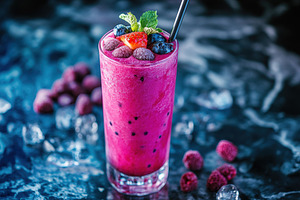 Vibrant berry smoothie in a glass wi, a Photo by Tanuart