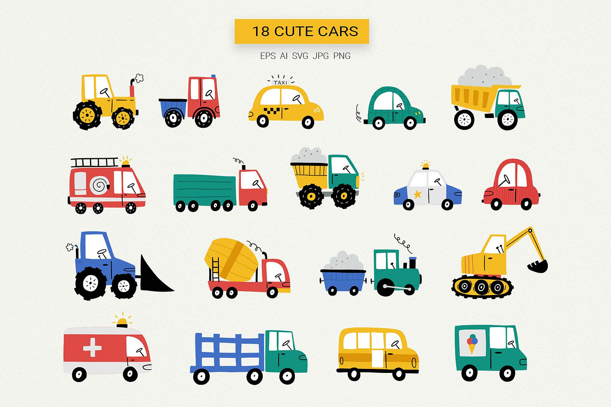 Happy Cars – Kids Clipart Set, a Transportation Illustration by Irina Ostapenko (Photo 2 of 11)