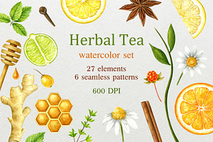 Herbal tea.Watercolor set