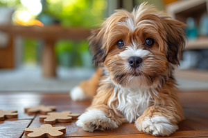 Adorable small dog with fluffy fur lounging on wooden floor, surrounded by play, an Animal Photo by ImageMir