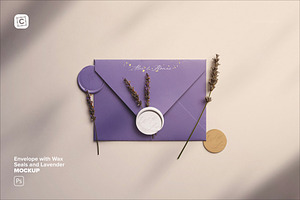 Envelope with Wax Seals and Lavender, a Product Mockup by Custom Scene