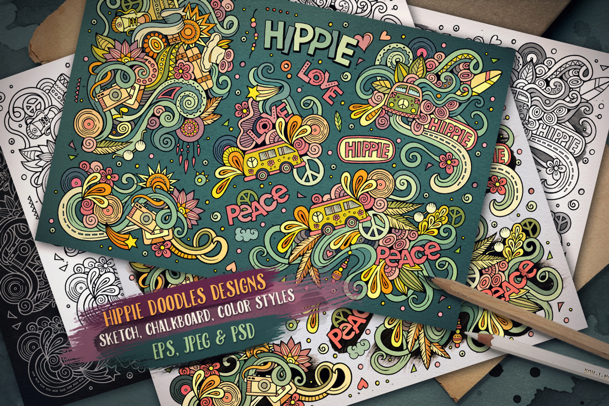 Hippie Doodles Designs Big Set, a Decorative Illustration by BALABOLKA (Photo 1 of 10)