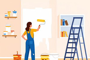 House painter working indoors, painting a wall with a roller, an Illustration by DanFLCreativo