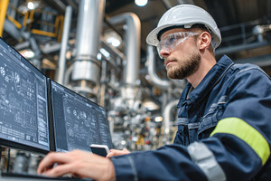 Engineer reviewing blueprints at ind, a Photo by Pixeness Studio