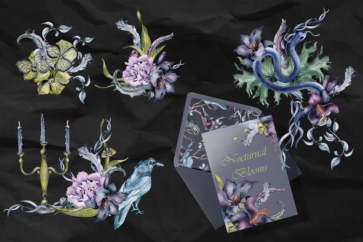 Dark floral watercolor clipart, an Illustration by Kate Lanbina (Photo 7 of 19)