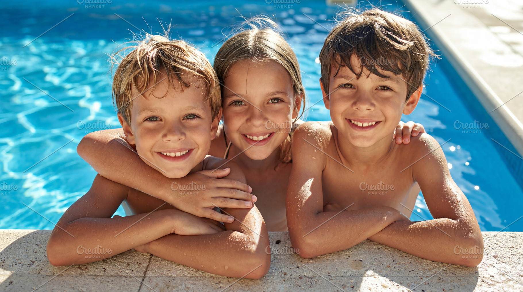 Three Kids Smiling by Poolside, a Sports & Recreation Photo by Davizro's Market