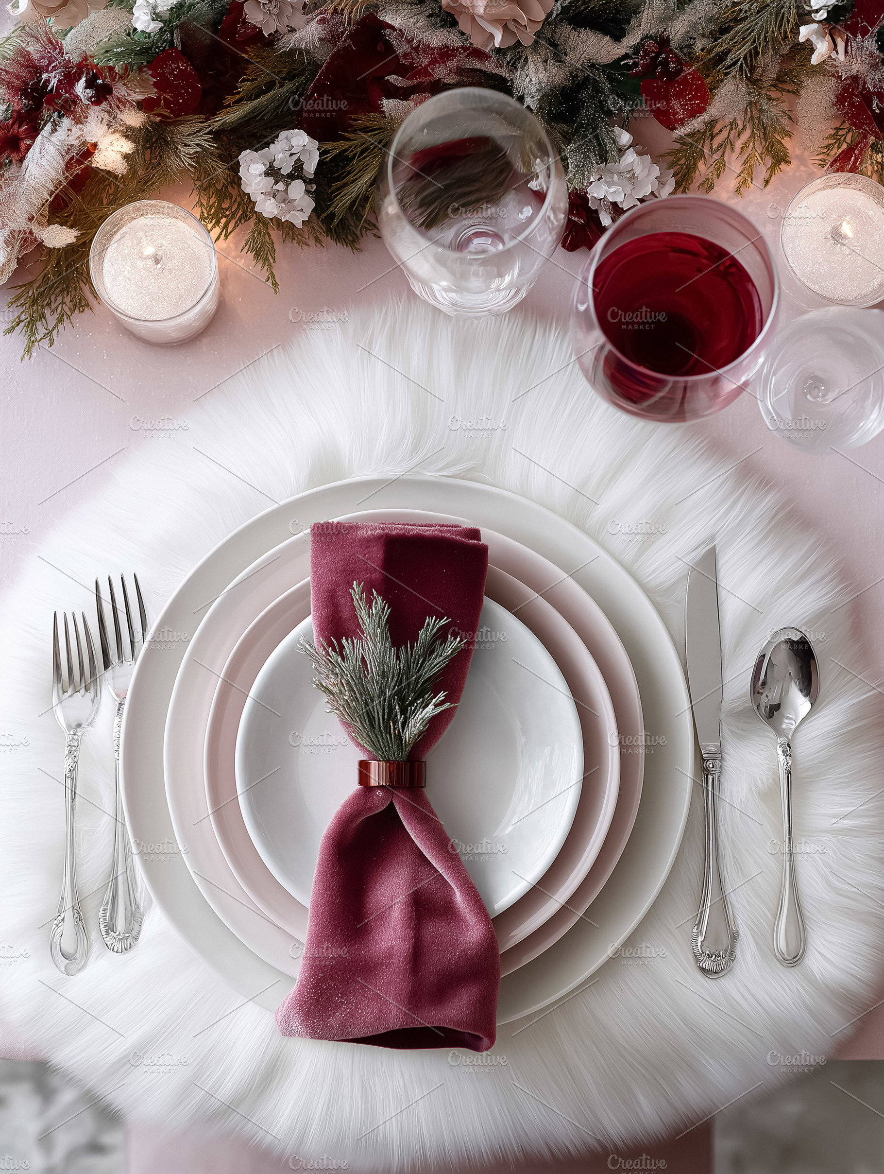 Elegant table setting with pink velvet napkin, faux fur, dinnerware, and lit ca, a Food & Drink Photo by Studio ANNA