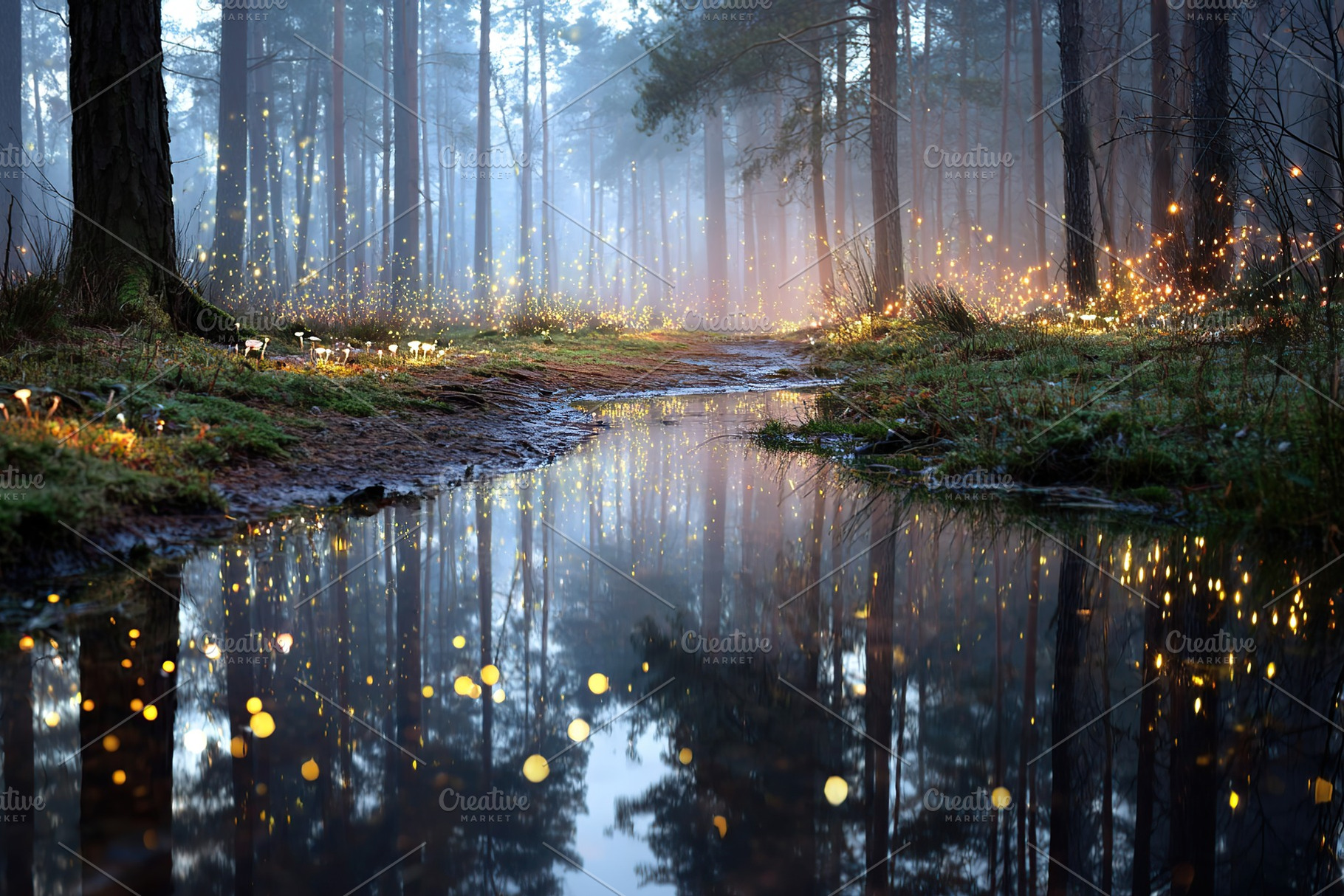 Beautiful illuminated forest pathway with reflections during twilight, a Photo by AlyaAnd
