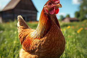 A close-up of a brown hen standing in a lush green field with a rustic barn in, an Animal Photo by Textures & Backgrounds