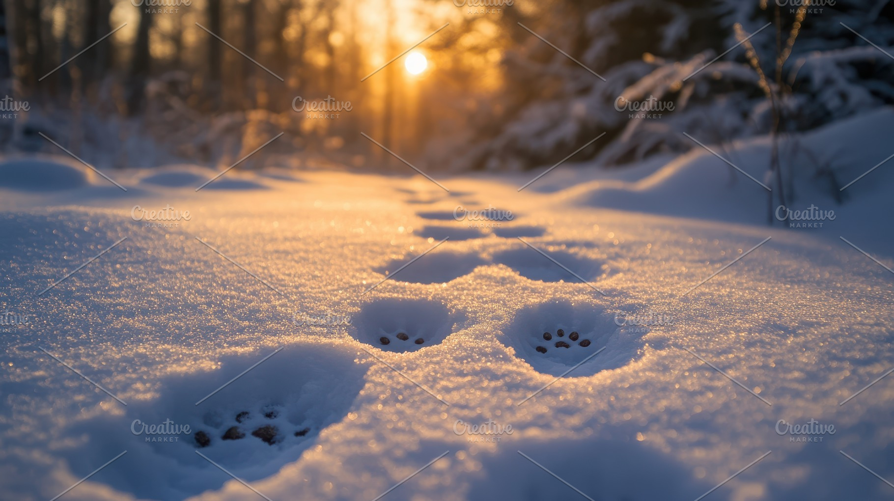 Animal tracks in snow at sunrise, le, a Photo by Pixeness Studio