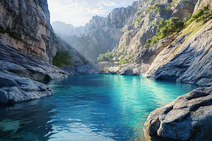 Deep canyon with water river in it, a Photo by AlyaAnd