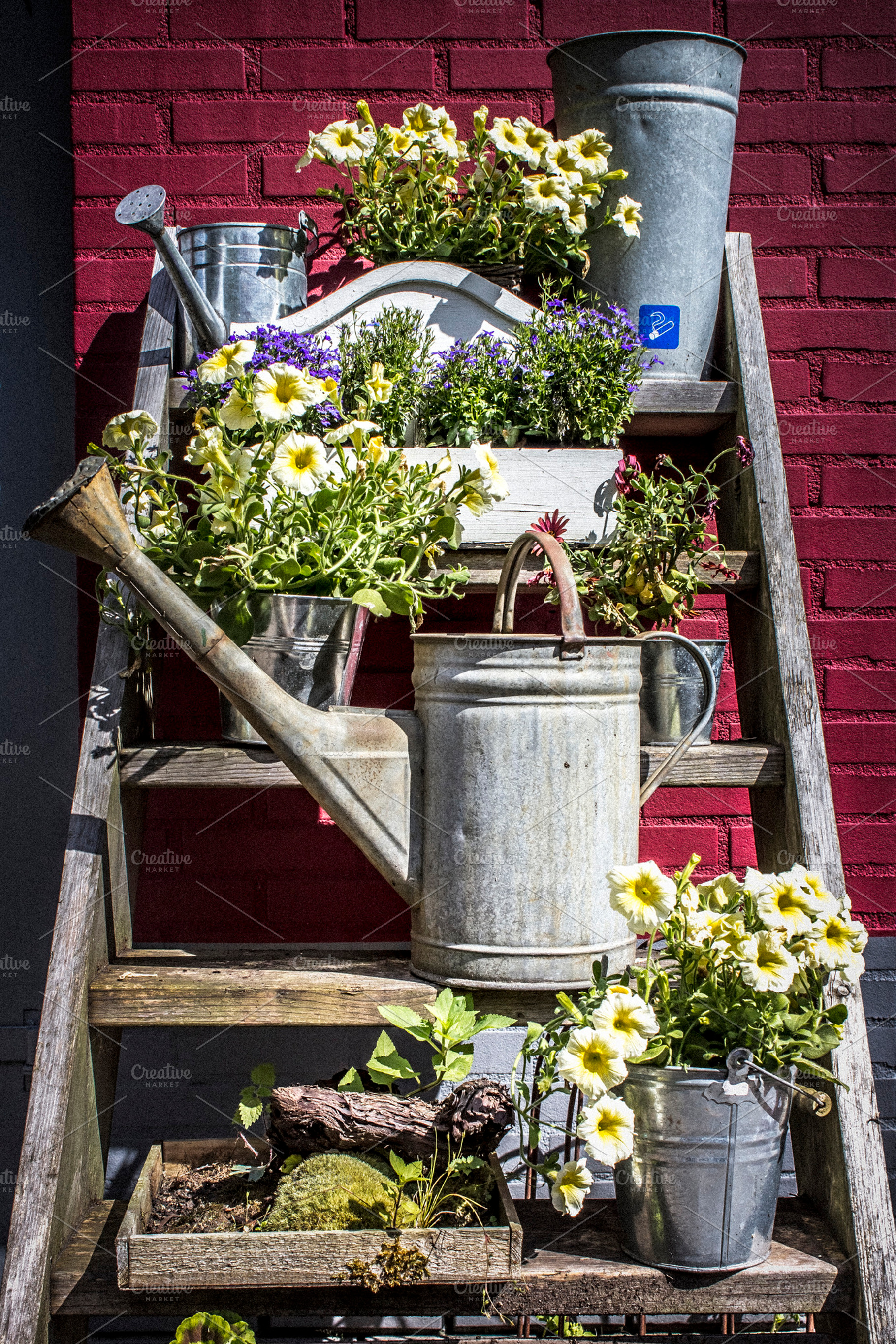 Watering Cans and flower stairs