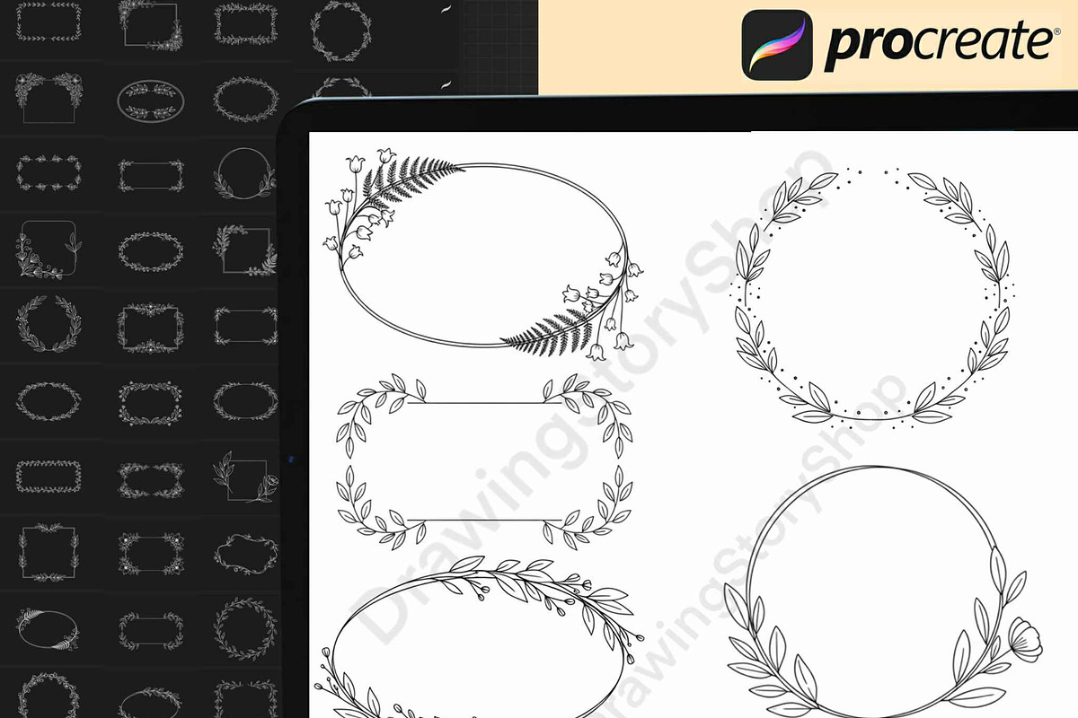 120 Procreate Floral Frame Stamps, a Brush Add-On by DrawingStoryShop