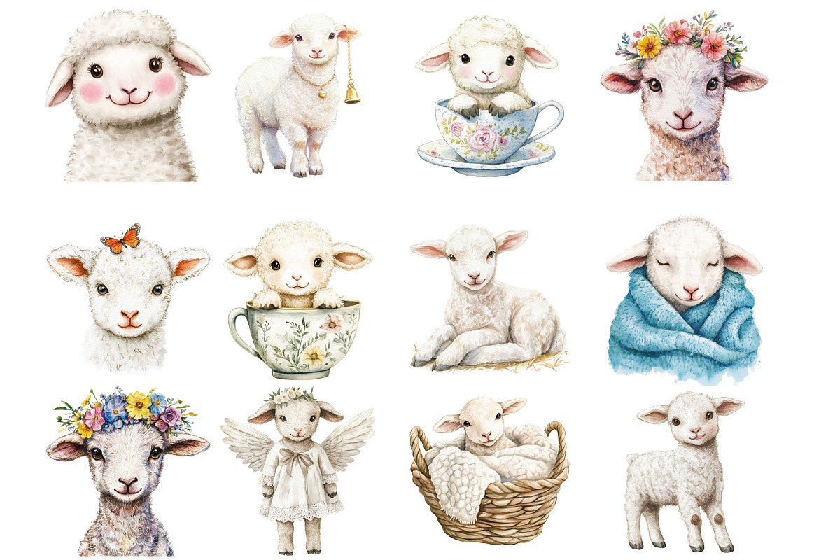 Watercolor Lambs Clipart PNG, an Illustration by SinaCreation (Photo 2 of 5)