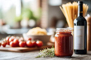 A jar of tomato sauce with fresh, a Food & Drink Photo by MistyDay