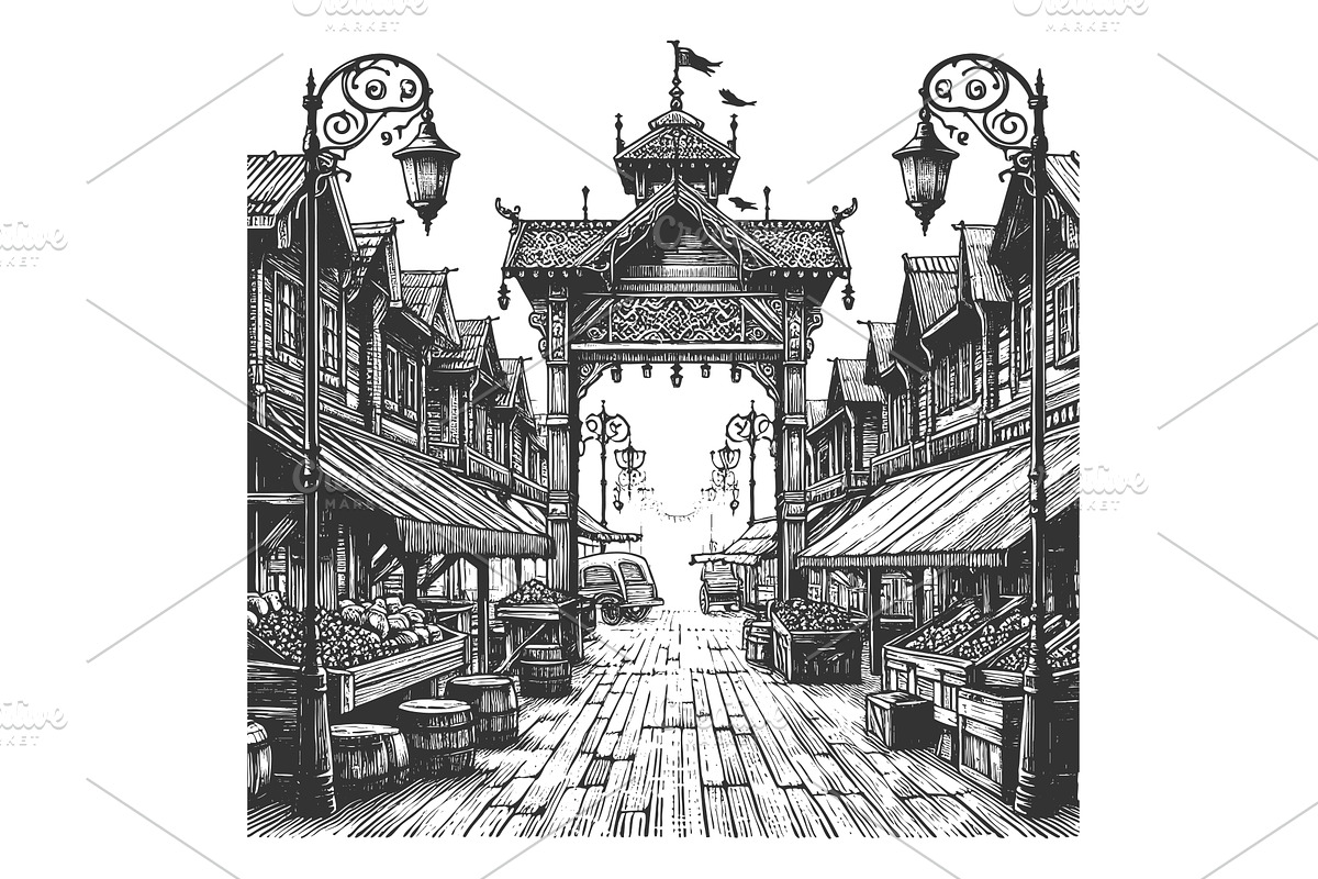 marketplace with archway and stalls, a Finance Illustration by AlexArt