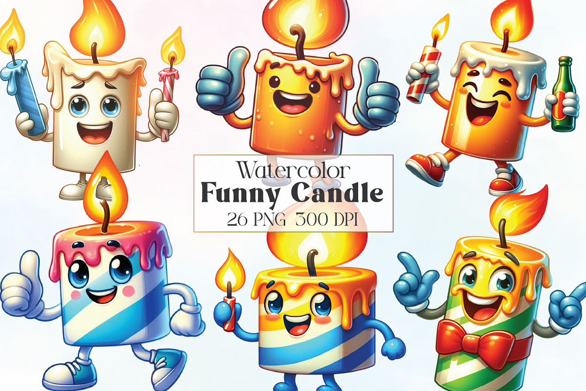Watercolor Funny Candle Clipart, an Illustration by CraftArtStudio (Photo 1 of 6)