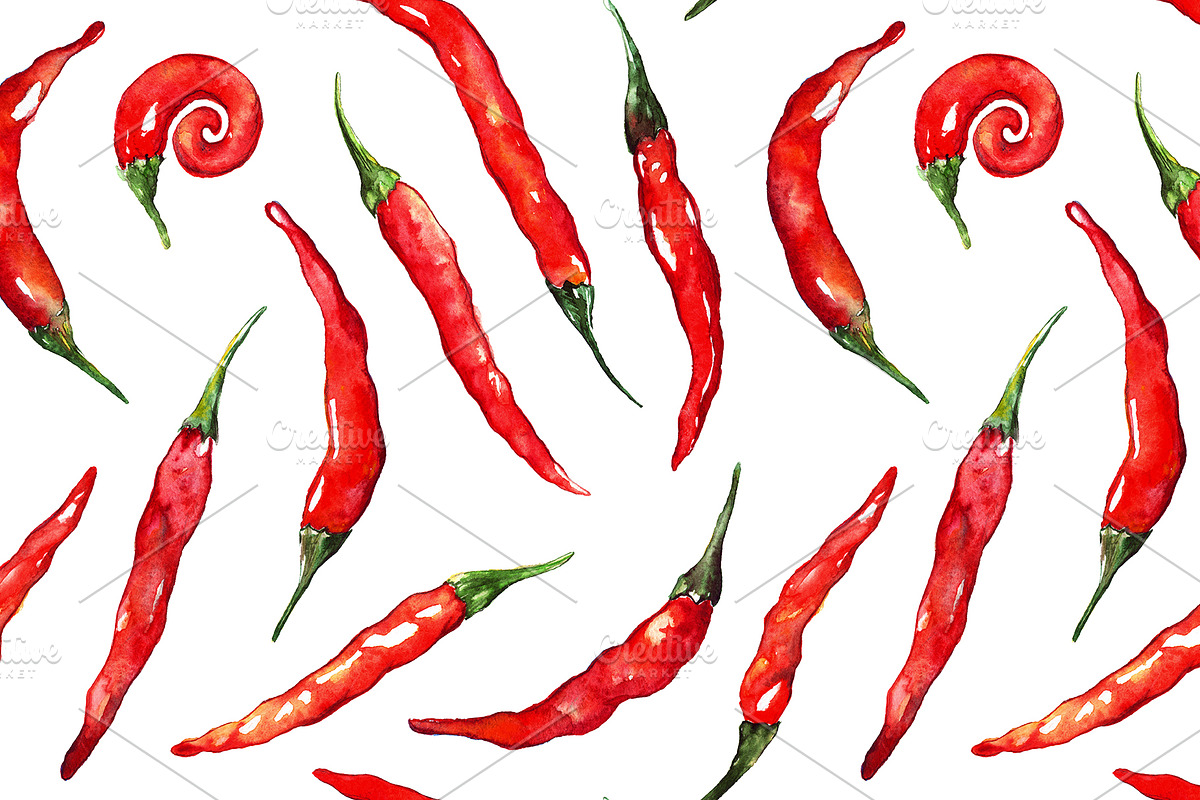 Watercolor red chili pepper pattern, a Pattern Graphic by Art By Silmairel (Photo 1 of 2)