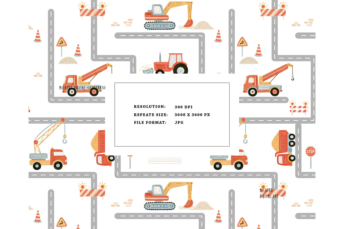 Construction Truck Seamless Pattern, a Pattern Graphic by Milatoo (Photo 2 of 4)