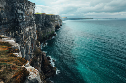 Towering cliffs rise dramatically ov, a Photo by Tanuart
