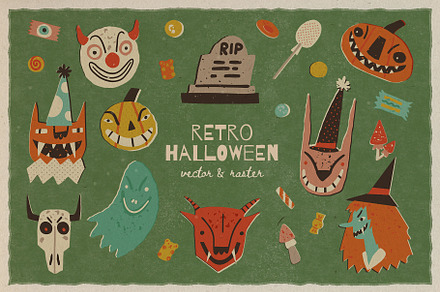 Retro Halloween clipart set