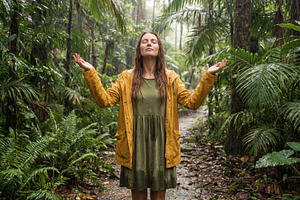 Woman Embracing Rain In Jungle, a Person Photo by Virgo Studio