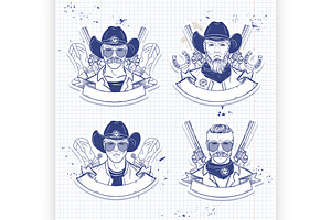 Hand Drawn Sketch Cowboy Set3