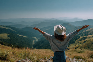 Woman in hat enjoying mountain view, a Photo by Pixeness Studio