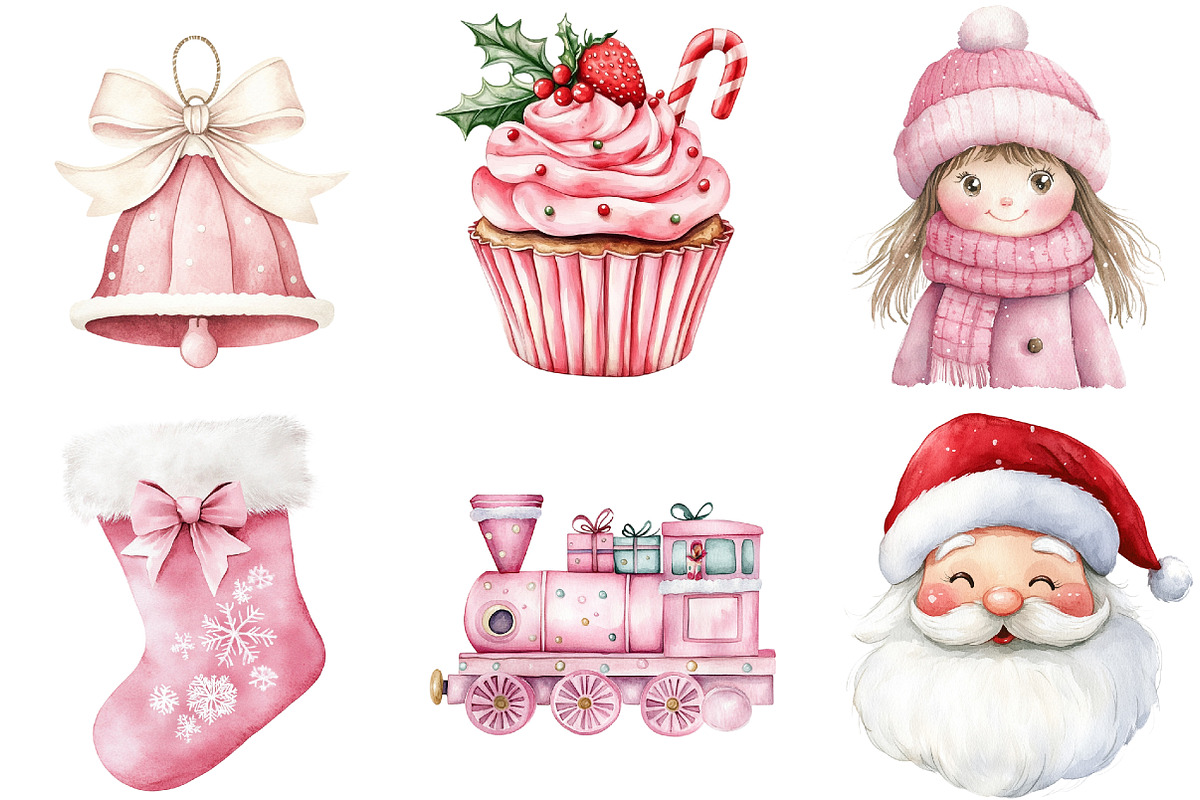 Watercolour Pink Christmas Clipart, a Seasonal Illustration by CitraGraphics (Photo 3 of 7)