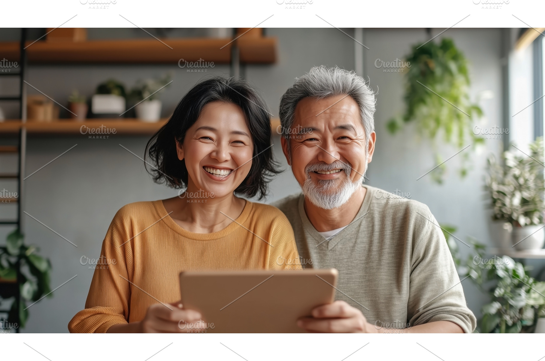 A joyful Asian senior couple uses a, a Technology Photo by Sergey Kotenev