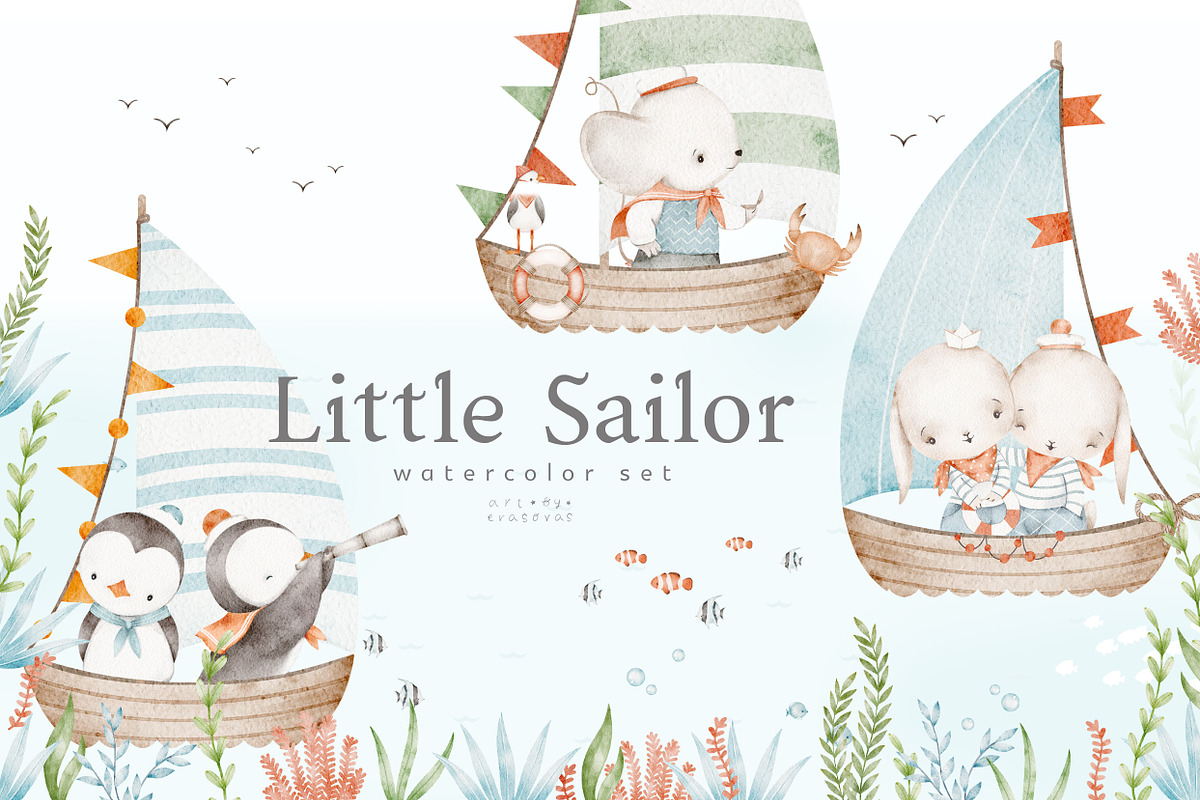 LITTLE SAILOR watercolor set, an Animal Illustration by erasovas (Photo 1 of 12)