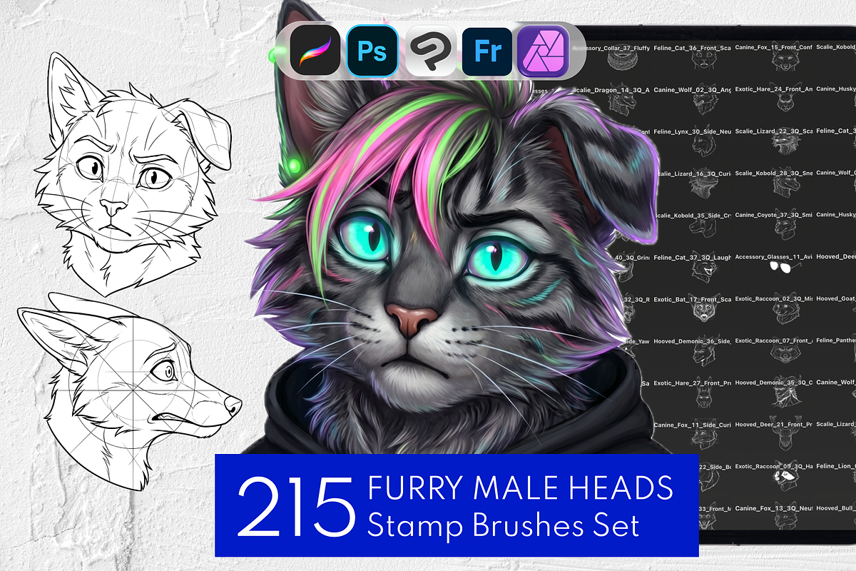215 Furry Male Head Procreate Stamps, a Brush Add-On by Selentaori Studio (Photo 1 of 13)