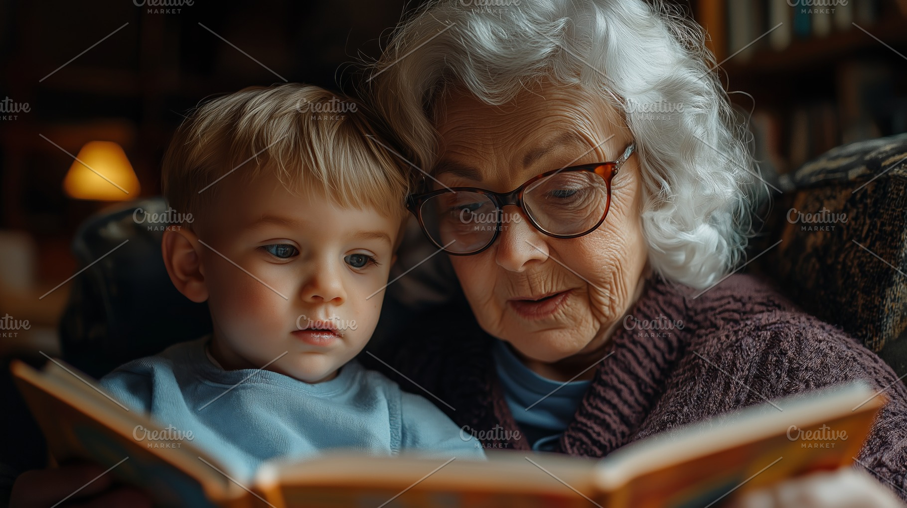 An elderly woman reads a story to her young grandson, both engaged in a cozy mo, a Person Photo by ImageMir