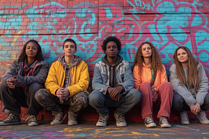 A diverse group of five young people sitting on the ground in front of a colorf, a Person Photo by Textures & Backgrounds
