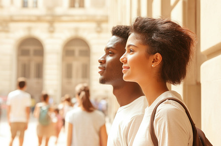 College students in urban setting, indian or latin american woma