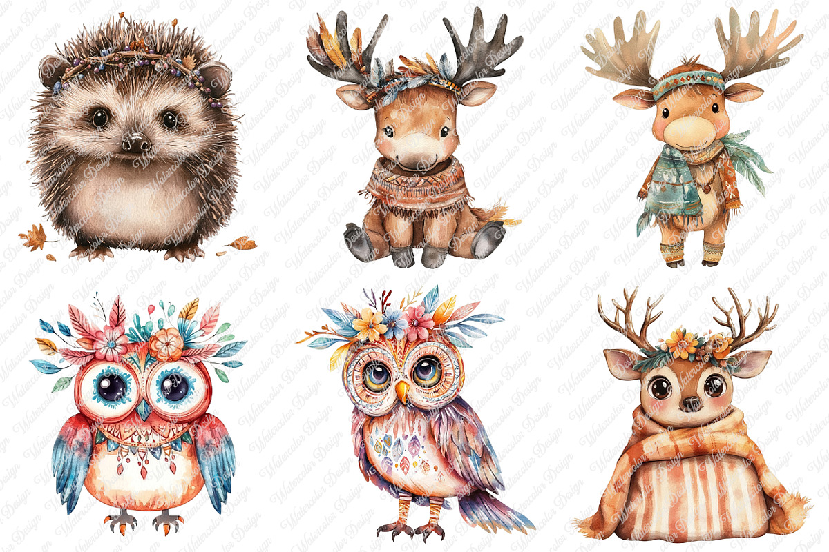 Watercolor Boho Woodland Animal Clip, an Illustration by Watercolor design (Photo 4 of 12)