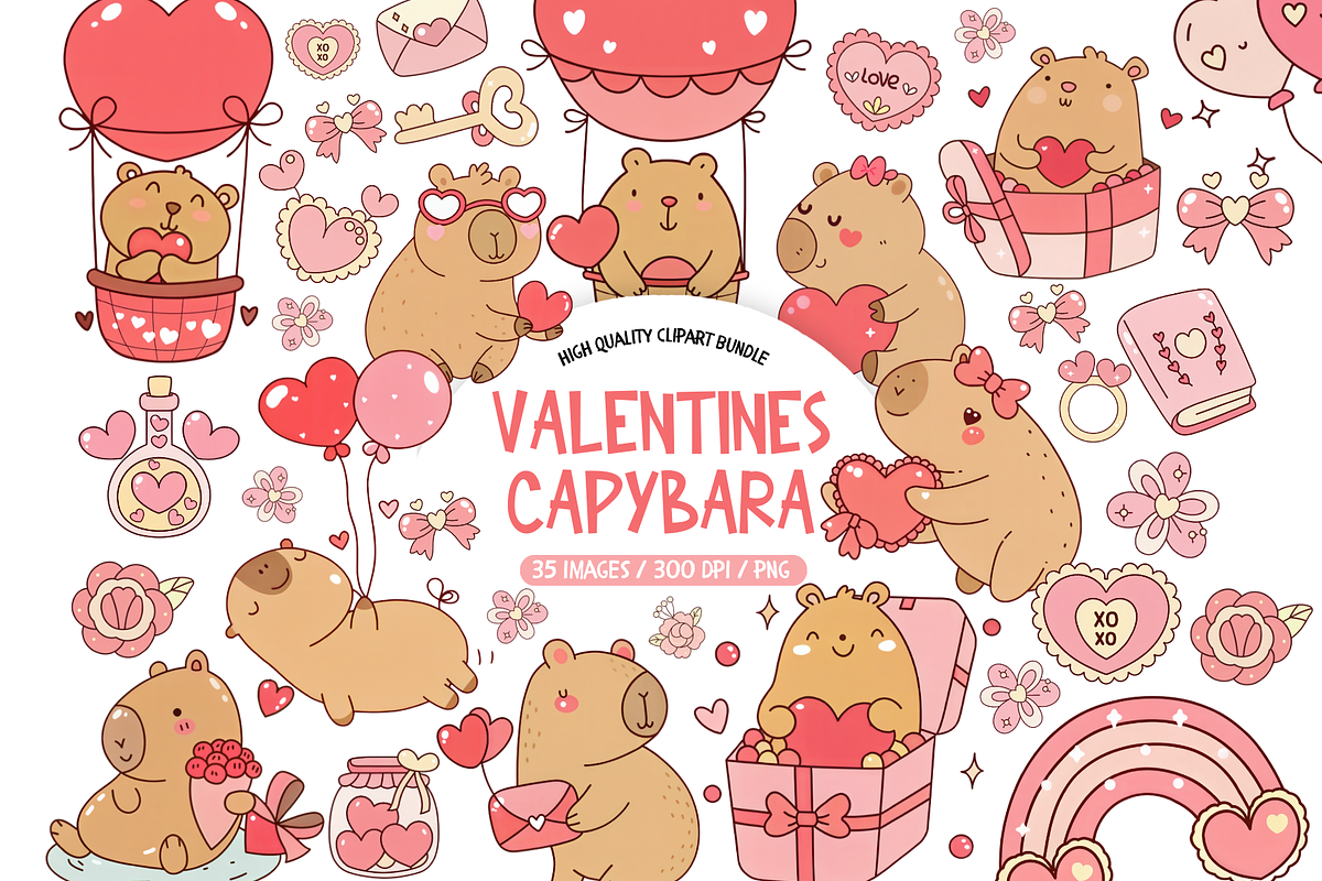 Cute Valentines Capybara Clipart Set, an Illustration by TatiMockup (Photo 1 of 4)