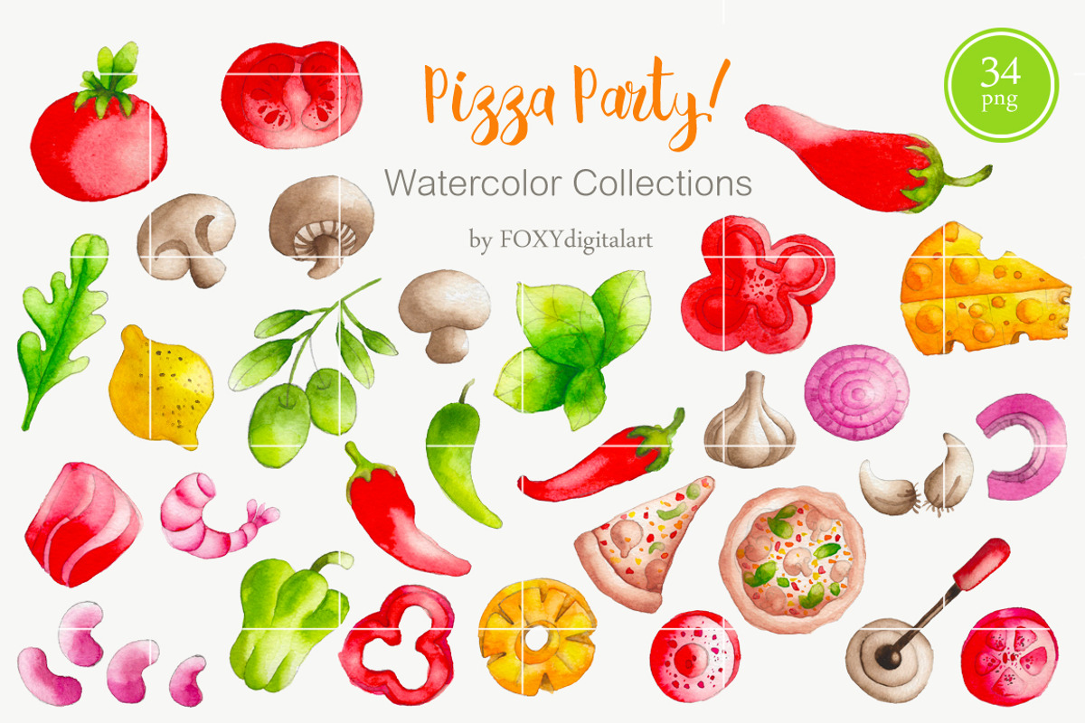 Watercolor Pizza Clipart Pizza Party, a Food Illustration by FOXYdigitalart (Photo 2 of 3)