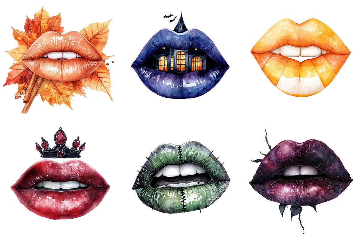 Watercolor Halloween Lips Clipart, a Seasonal Illustration by CitraGraphics (Photo 6 of 7)