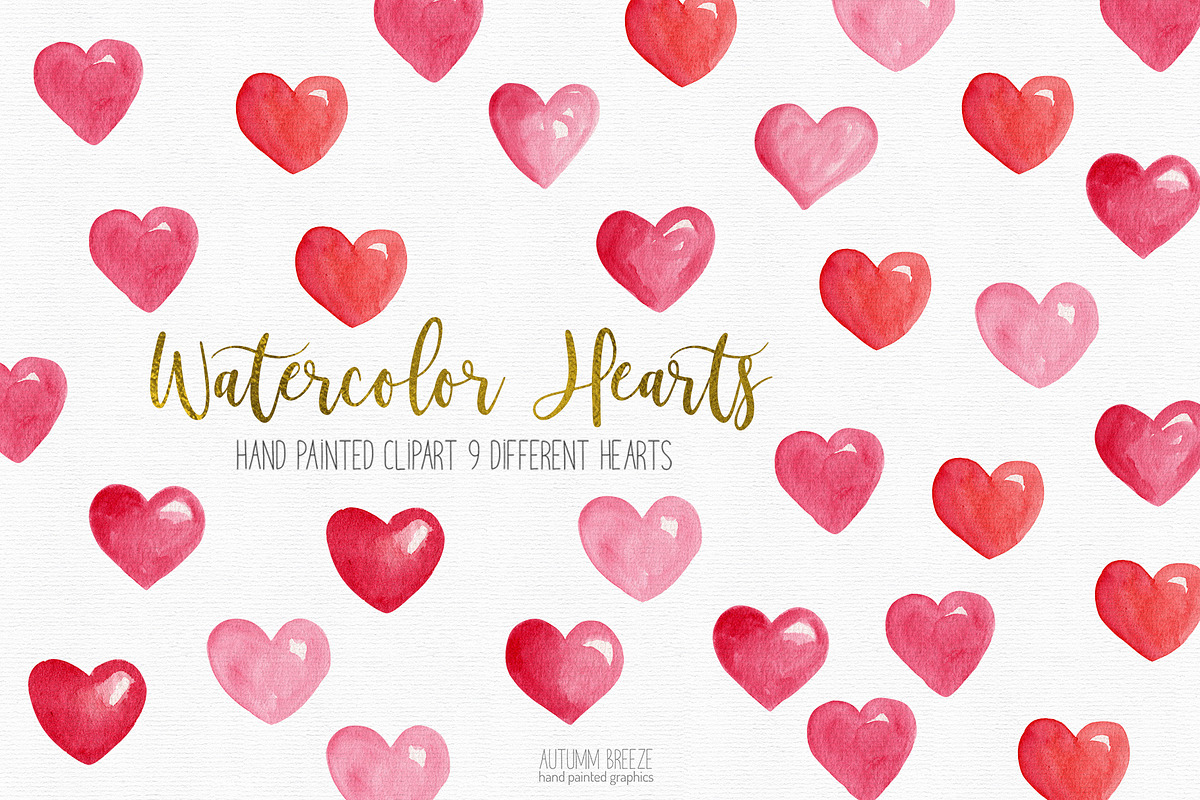 watercolor hearts clip, hand painted, a Seasonal Illustration by Autumn Breeze (Photo 1 of 3)
