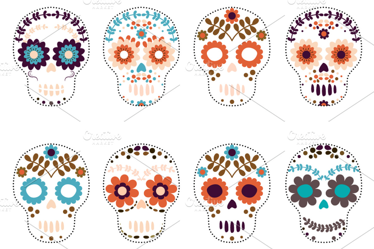 Sugar skulls, Flower skull set, an Illustration by Pravokrugulnik (Photo 1 of 2)