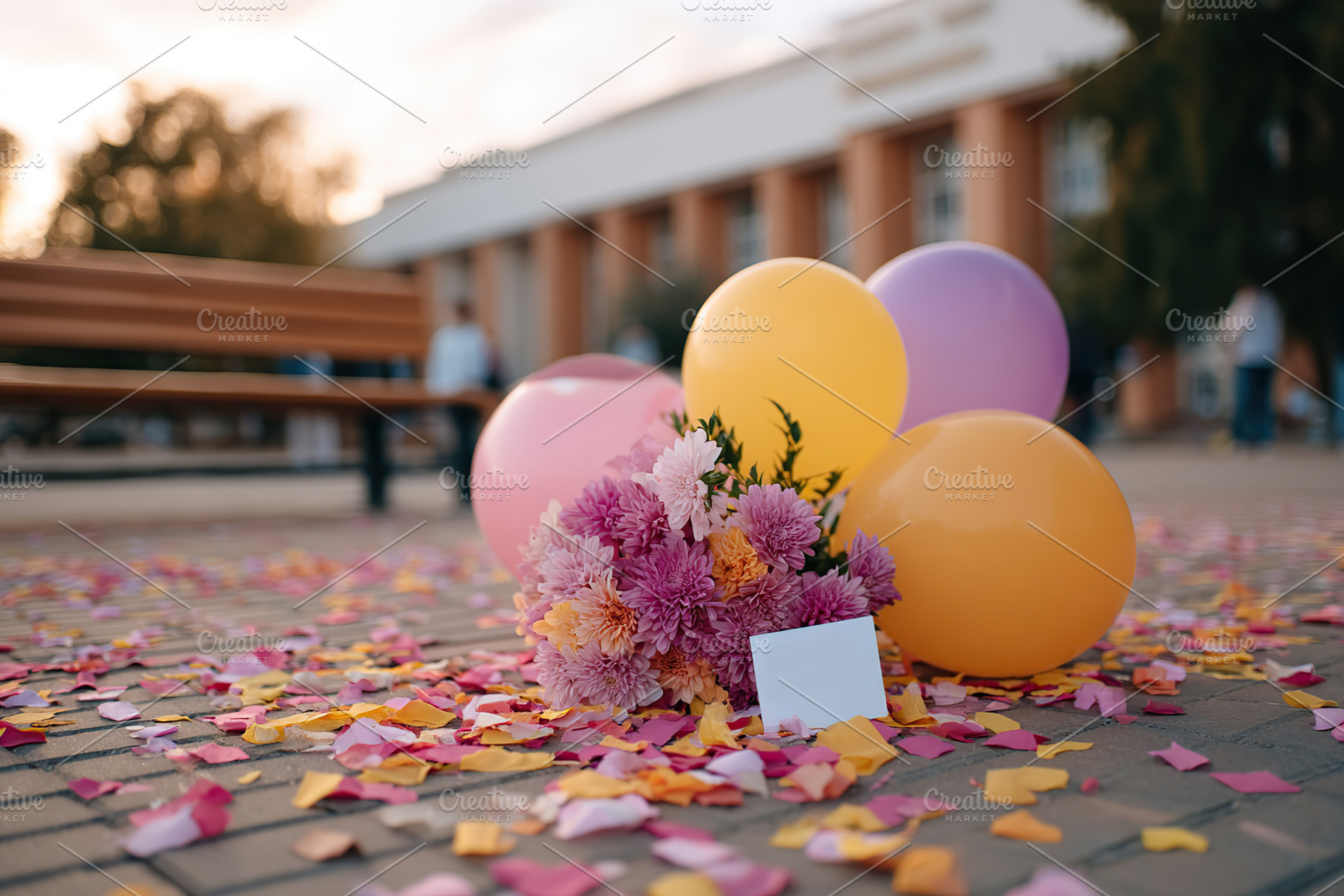 Celebration setting with colorful balloons and flowers on the ground at sunset, a Photo by AlyaAnd